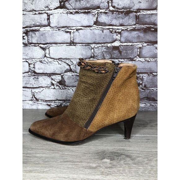 CHIARINI Tan Brown Green Suede Leather Double Sided Zipper Heel Booties Women 40 - Picture 16 of 16